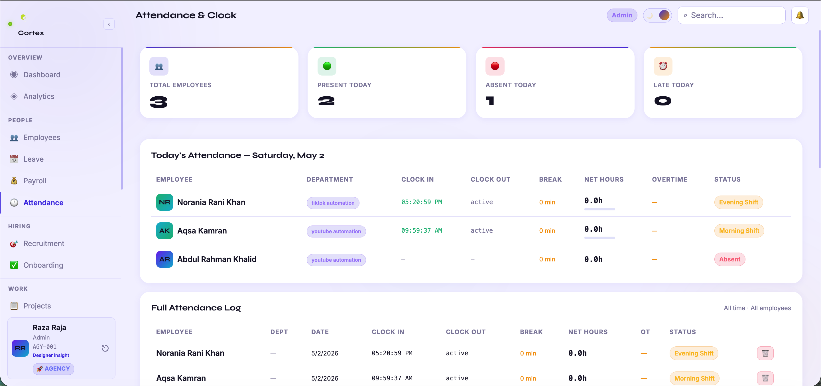 Cortex Attendance — real-time clock-in tracking
